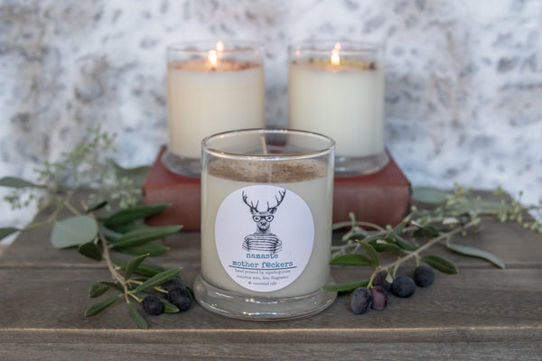 Namaste Mother F@ckers   12 ounce candle Snarky  deer